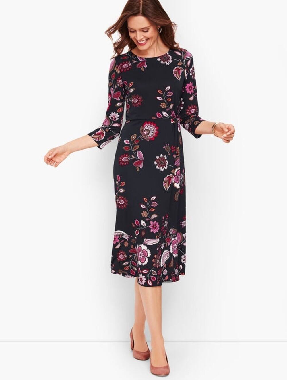 NWT Talbots Dark Floral Ruched Jersey Midi Dress Sz 14 Office Work Career Event